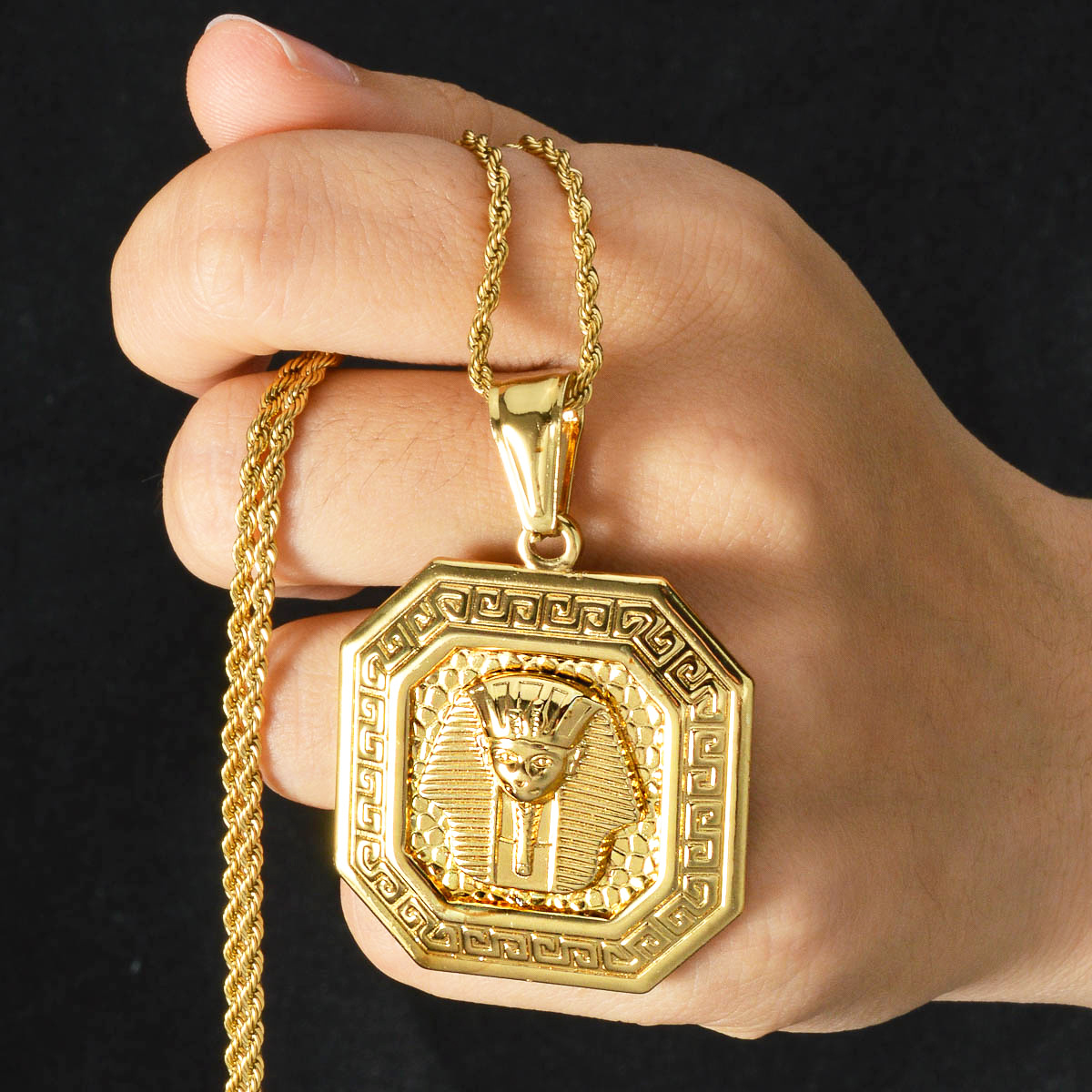 Retro Octagonal Greek Key Golden Pendant Necklace